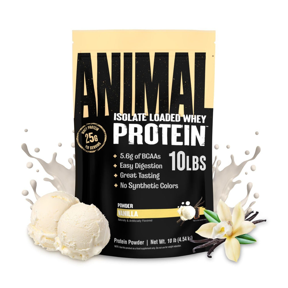 Animal Whey Isolate tub front, premium protein for muscle recovery.