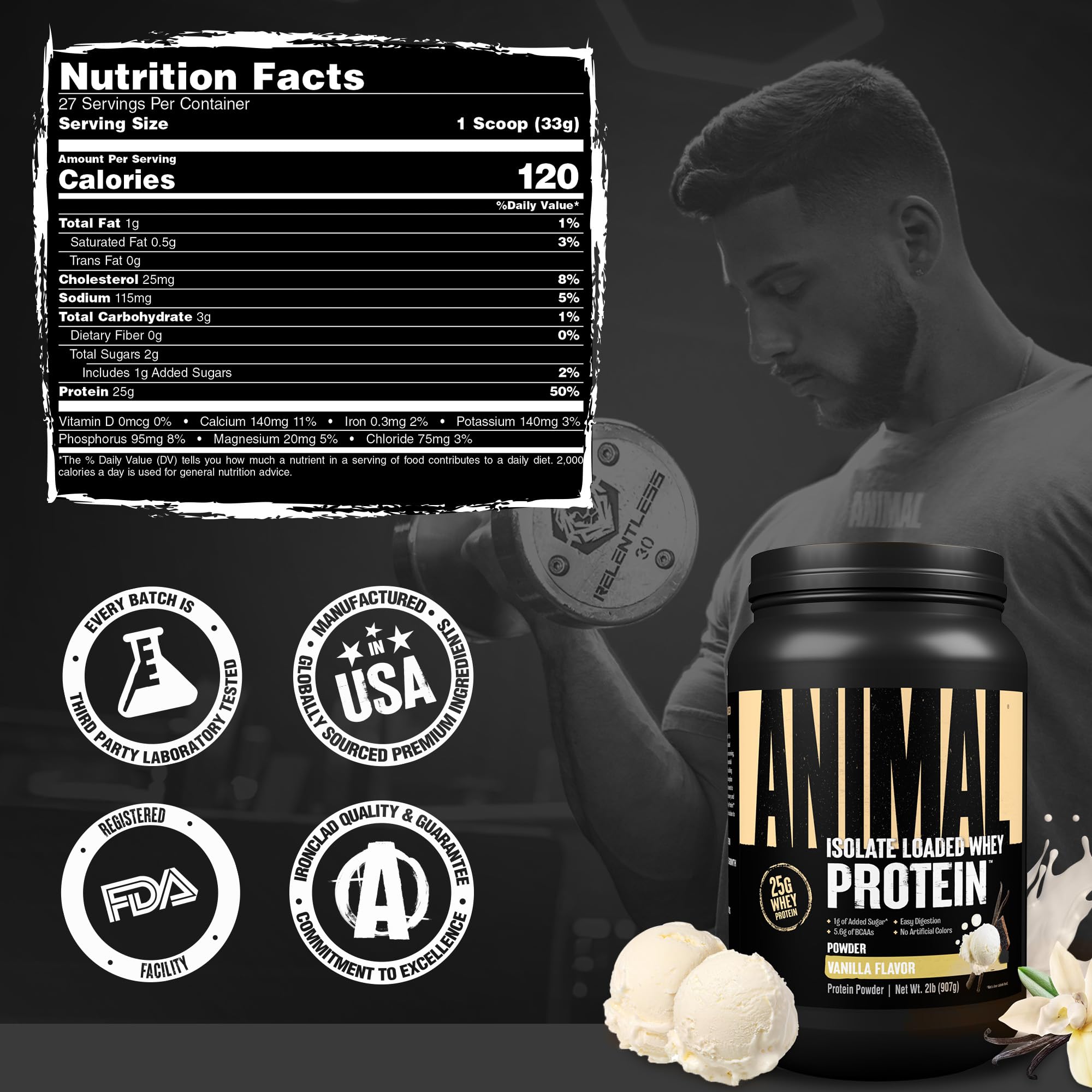 Animal Whey Isolate vanilla flavor packaging highlights 25g protein per scoop.