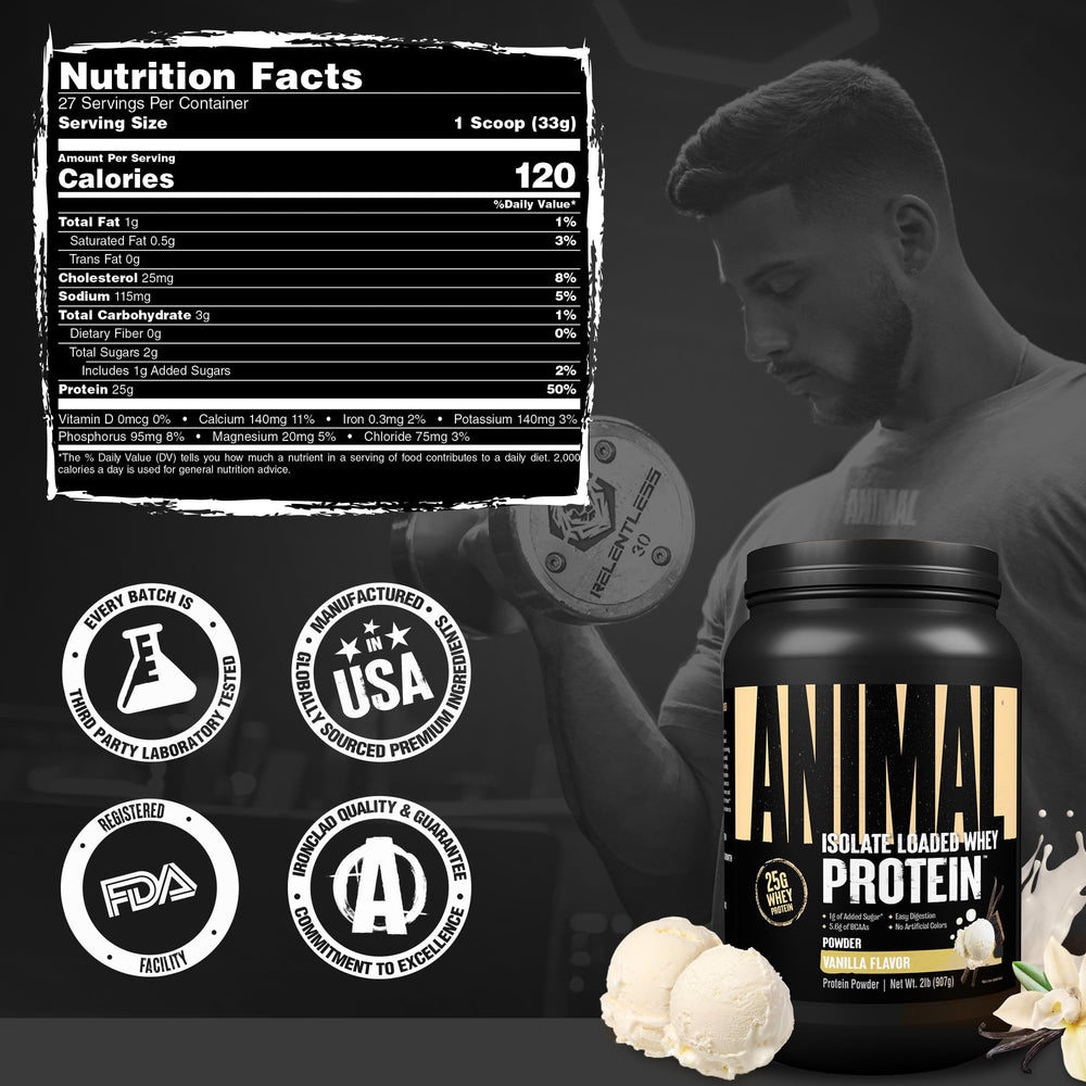Animal Whey Isolate vanilla flavor packaging highlights 25g protein per scoop.