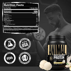 Animal Whey Isolate vanilla flavor packaging highlights 25g protein per scoop.