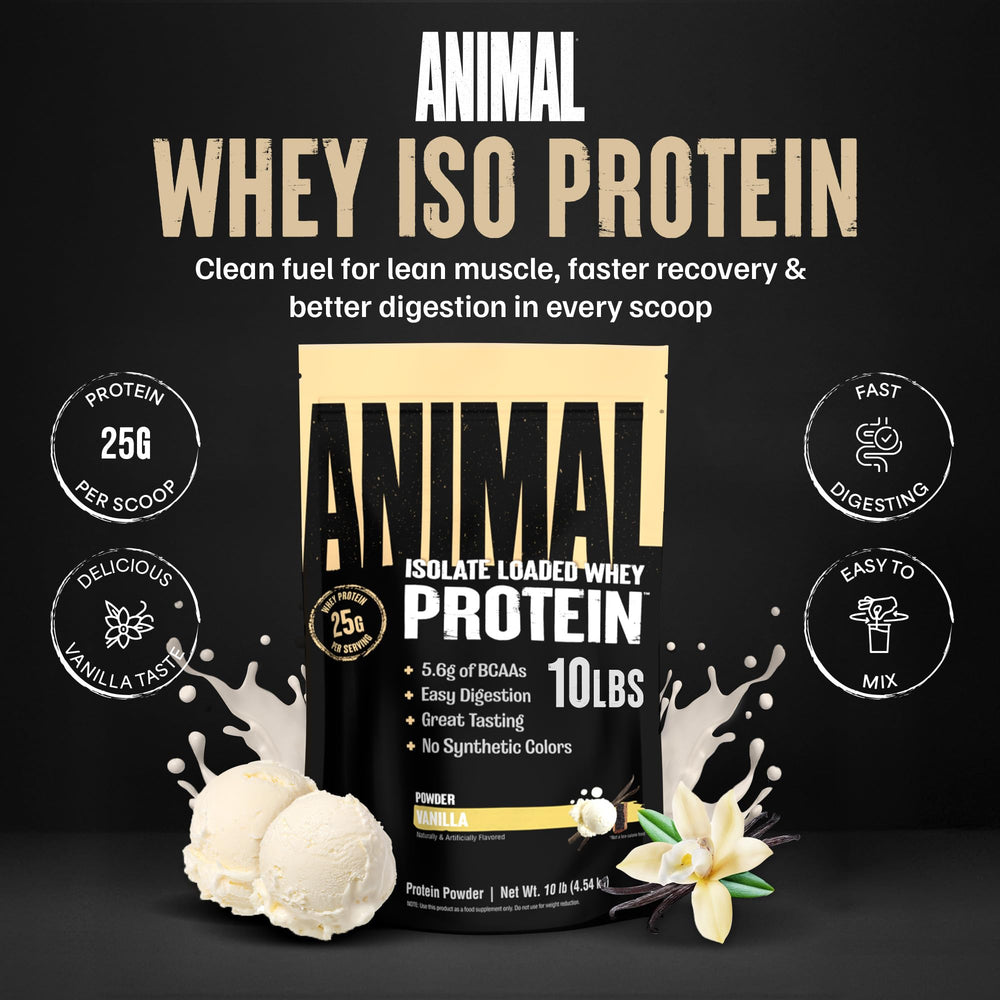 Animal Whey Isolate vanilla powder label, delicious flavor for everyday shakes.