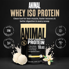 Animal Whey Isolate vanilla powder label, delicious flavor for everyday shakes.