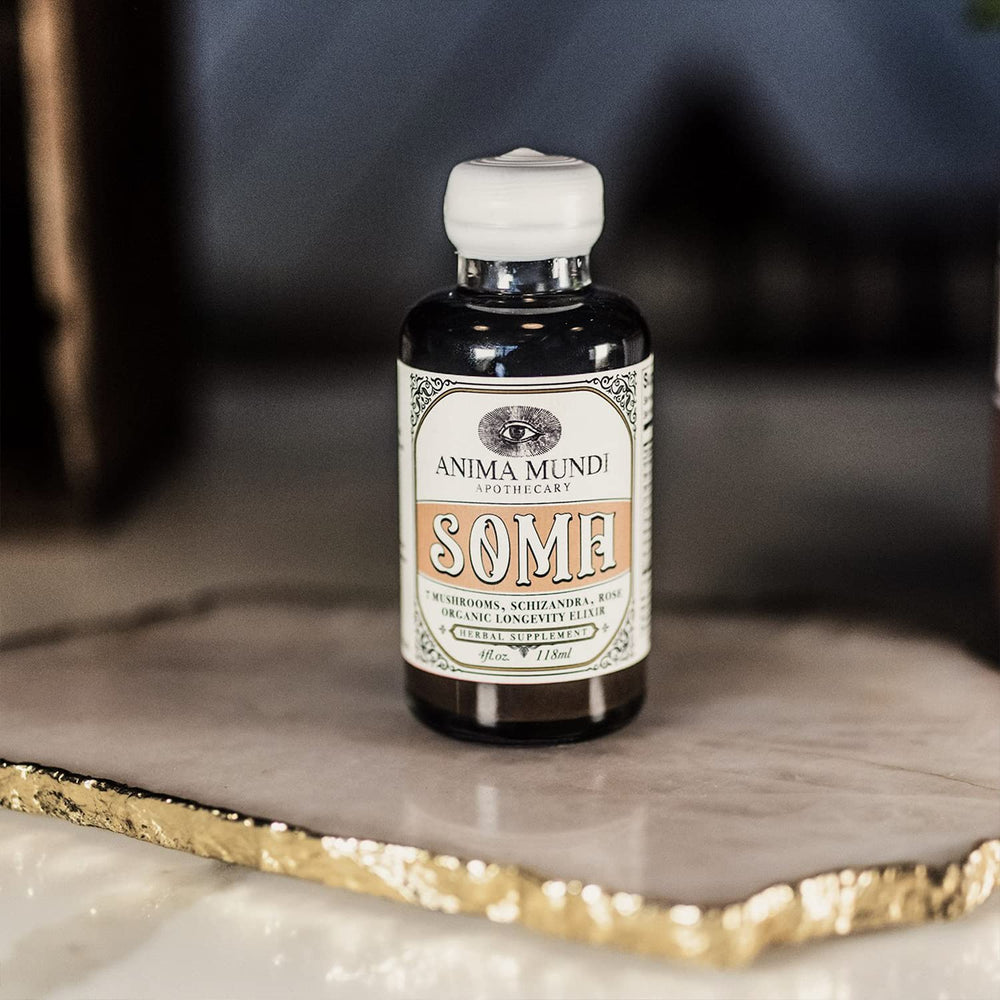 Anima Mundi Soma bottle label highlights seven mushrooms for holistic wellness exploration.