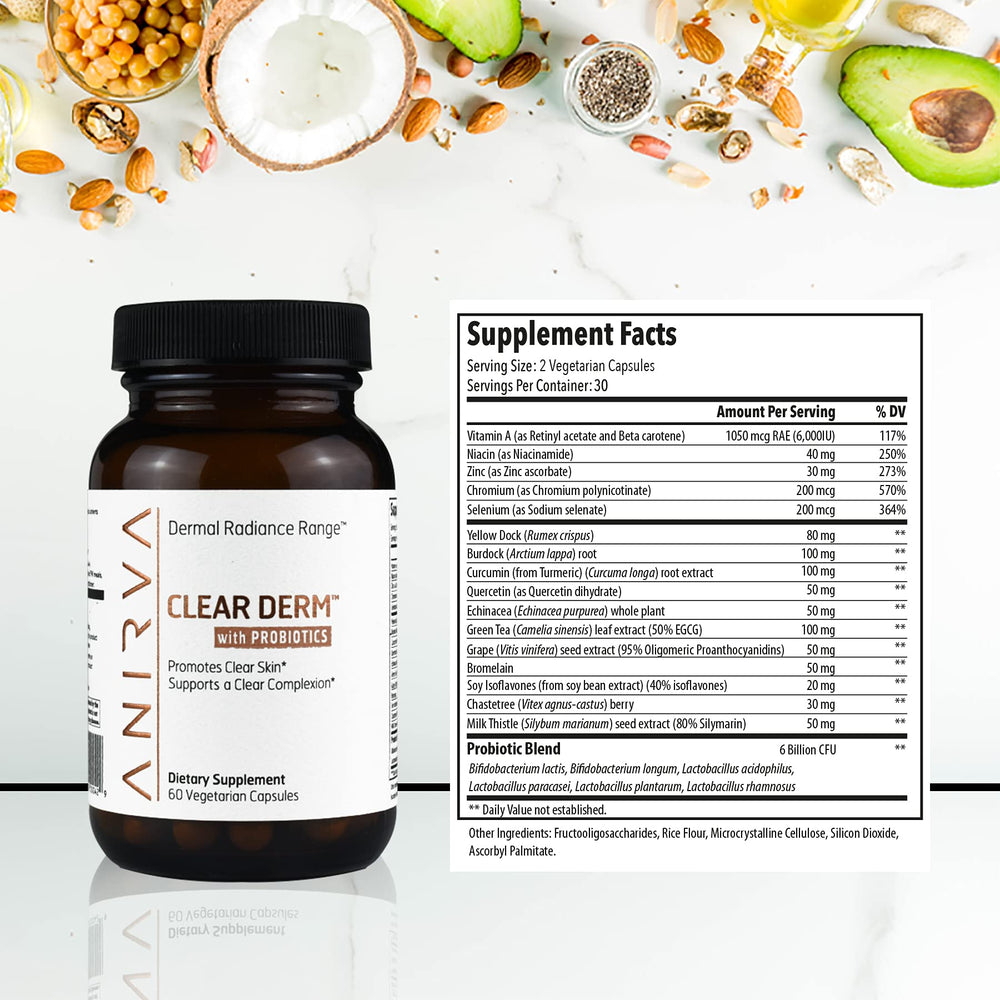 ANIRVA ClearDerm packaging front showcases vegan and gluten-free acne solution.