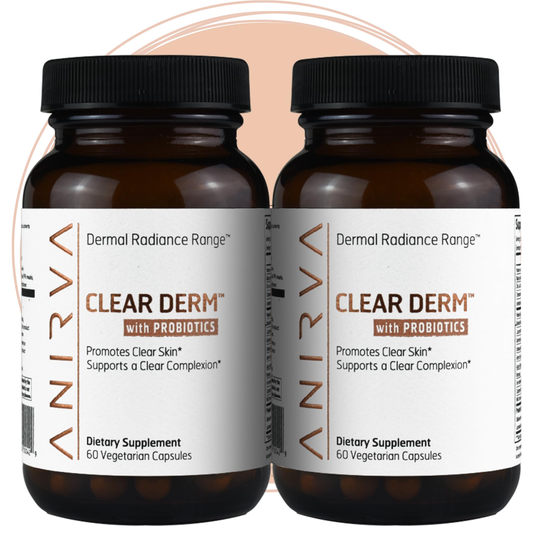 ANIRVA ClearDerm probiotics bottle closeup supports skin clarity and probiotic balance.