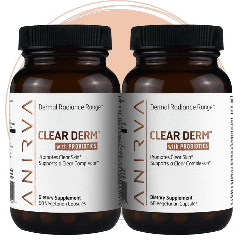 ANIRVA ClearDerm probiotics bottle closeup supports skin clarity and probiotic balance.