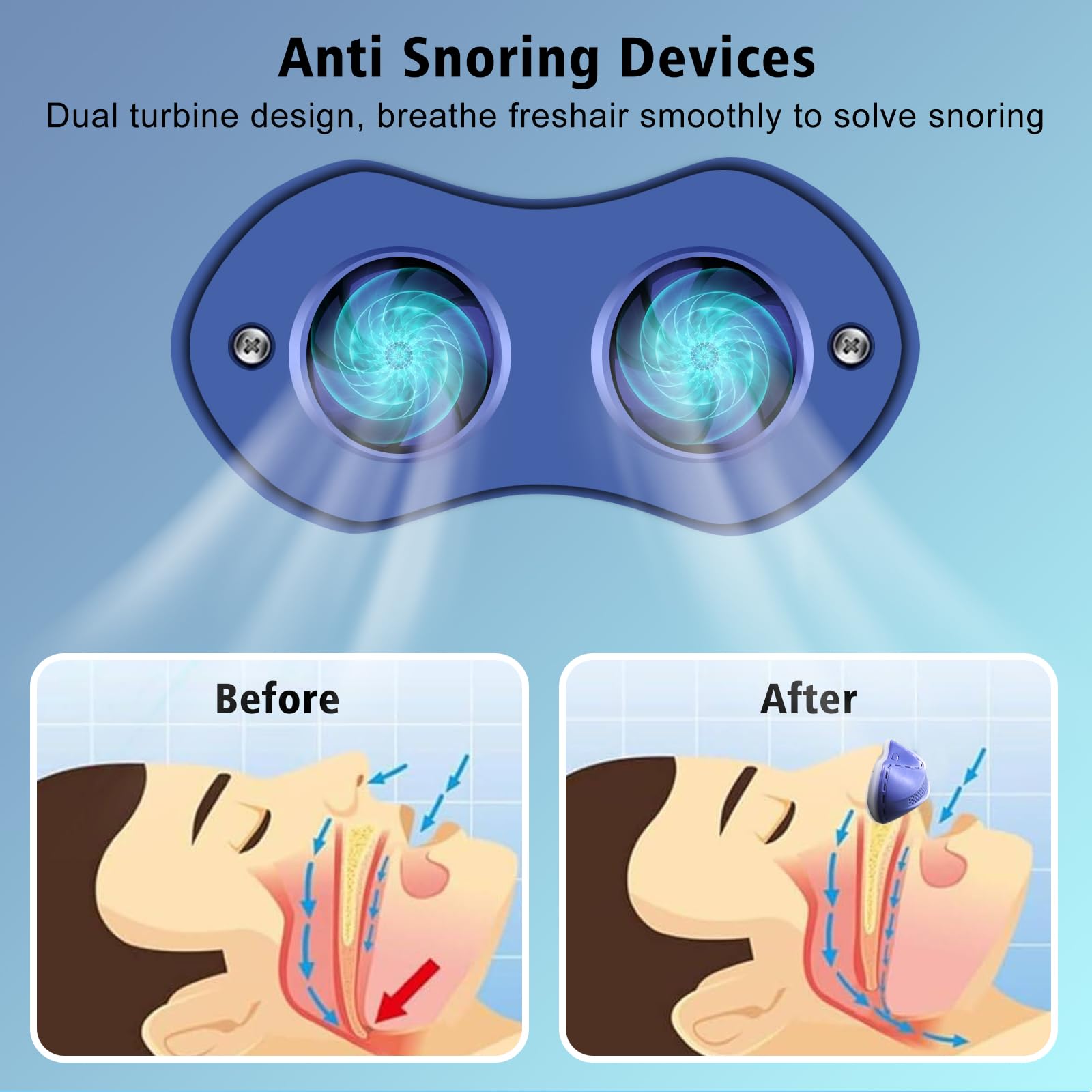 Anitiate mini anti-snoring device dual turbo fans promote smoother airflow.