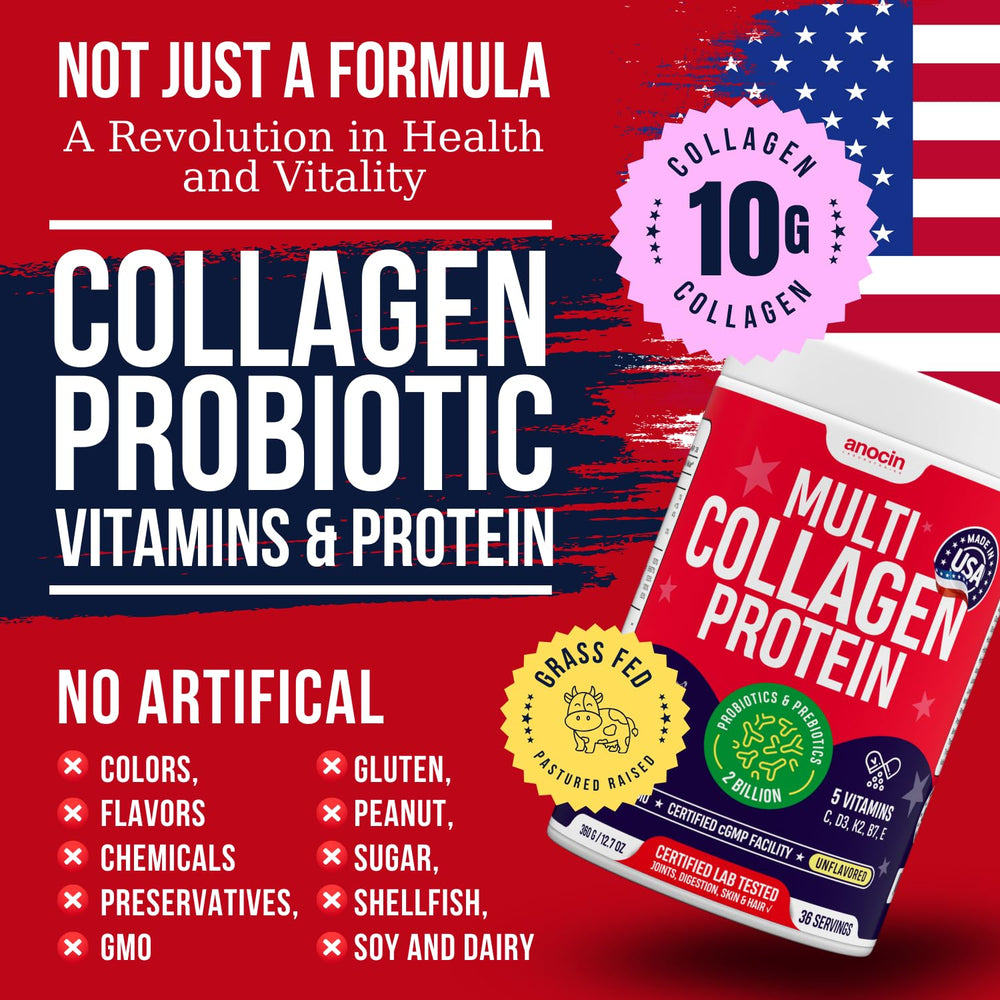 anocin Multi Collagen Powder bottle-closeup highlights added vitamins