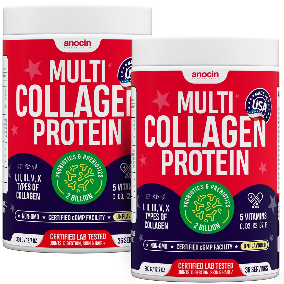 anocin Multi Collagen Powder bottle showcases grass-fed formula for skin and joint support
