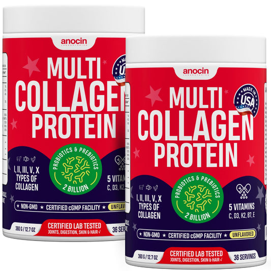 anocin Multi Collagen Powder bottle showcases grass-fed formula for skin and joint support