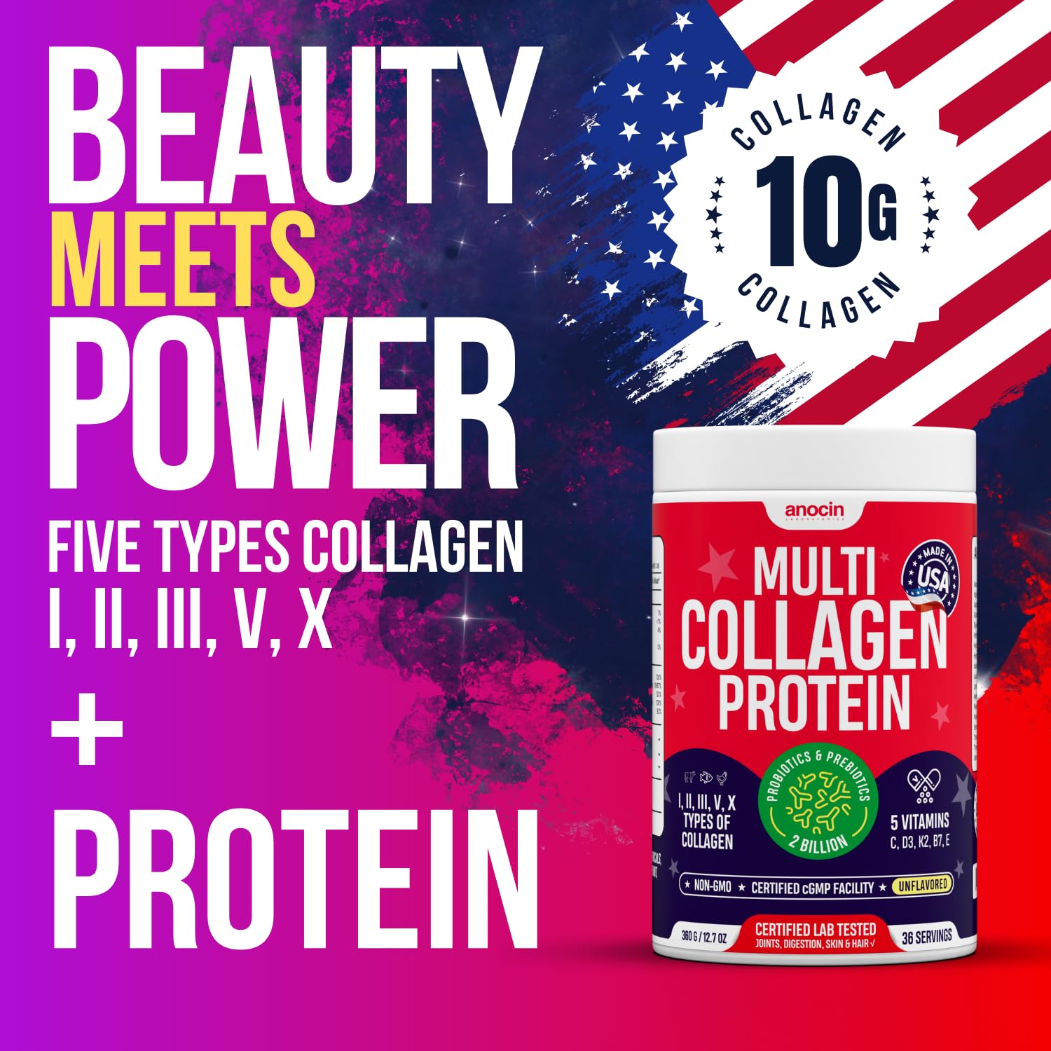 anocin Multi Collagen Powder pouring into glass demonstrates easy daily hydration
