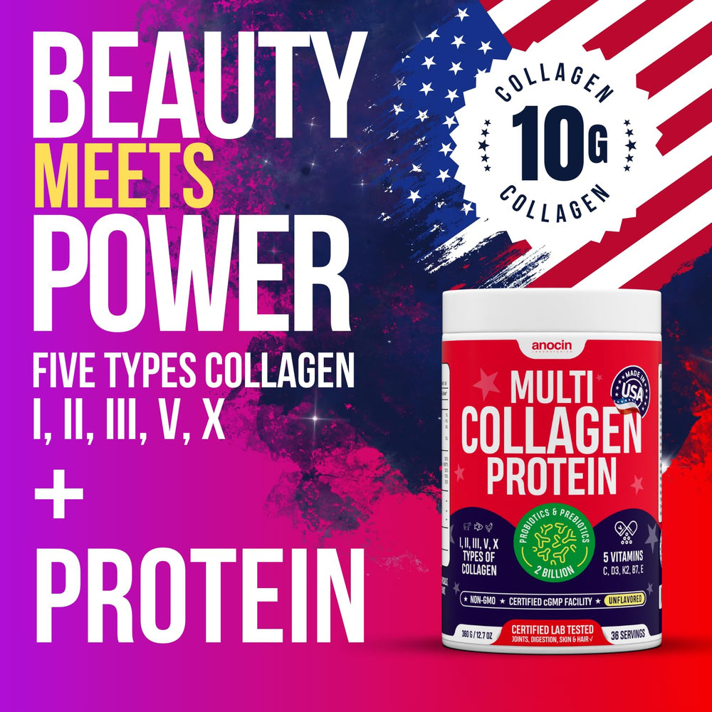 anocin Multi Collagen Powder pouring into glass demonstrates easy daily hydration