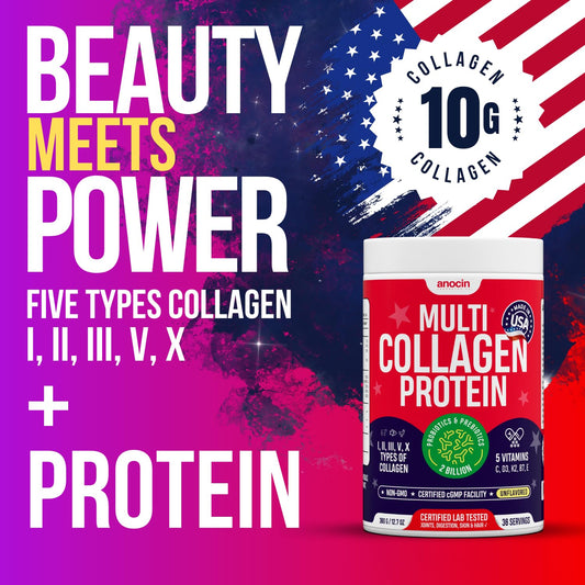 anocin Multi Collagen Powder pouring into glass demonstrates easy daily hydration