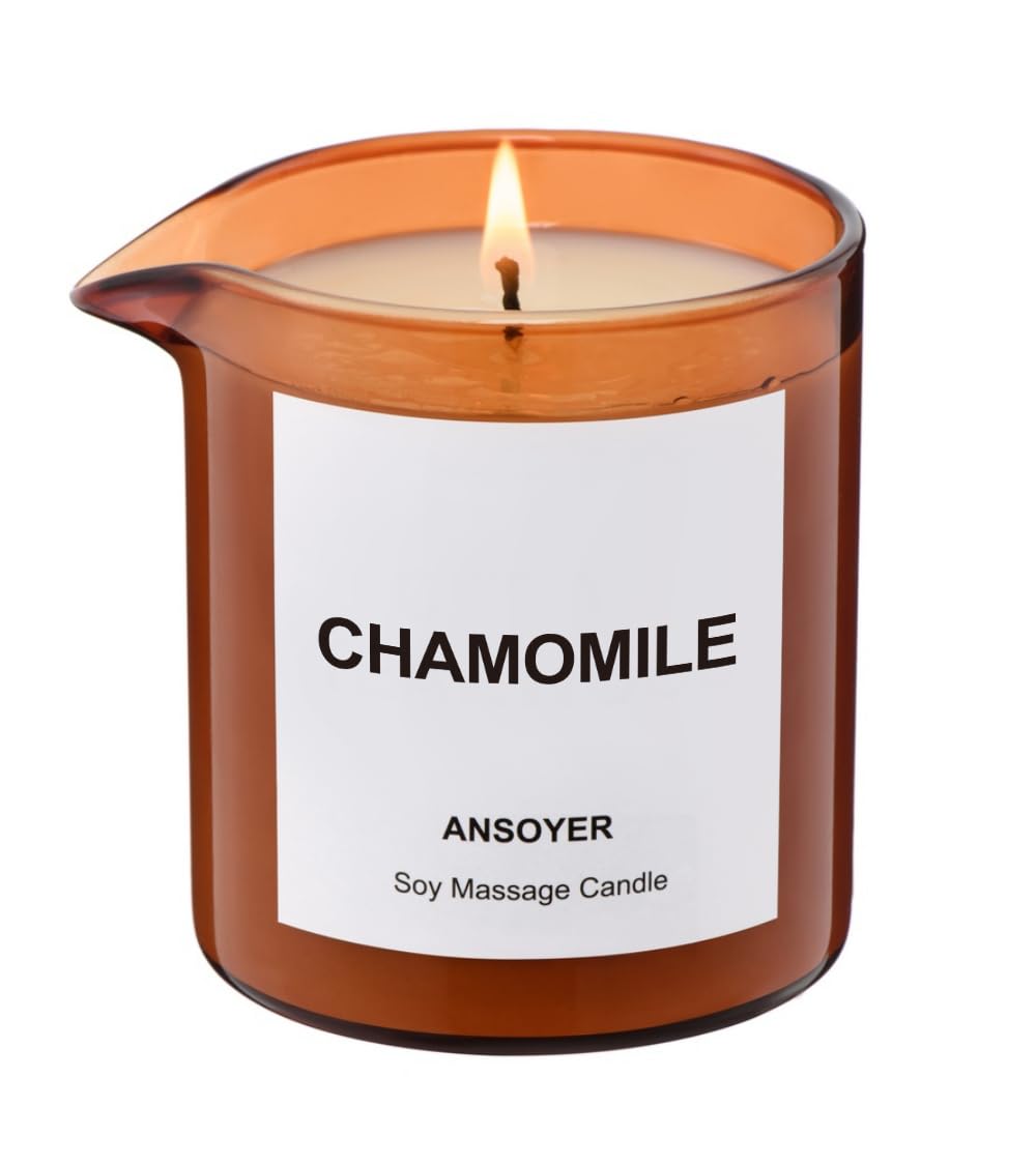 ANSOYER Massage Oil Candle chamomile bottle pour delivers warming, hydrating oil for relaxing massage.