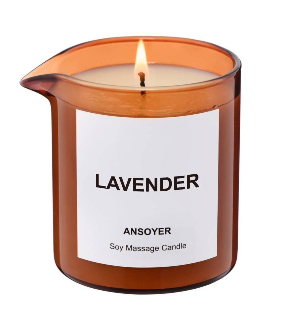 ANSOYER Massage Oil Candle jar closeup with lavender aroma for skin hydration