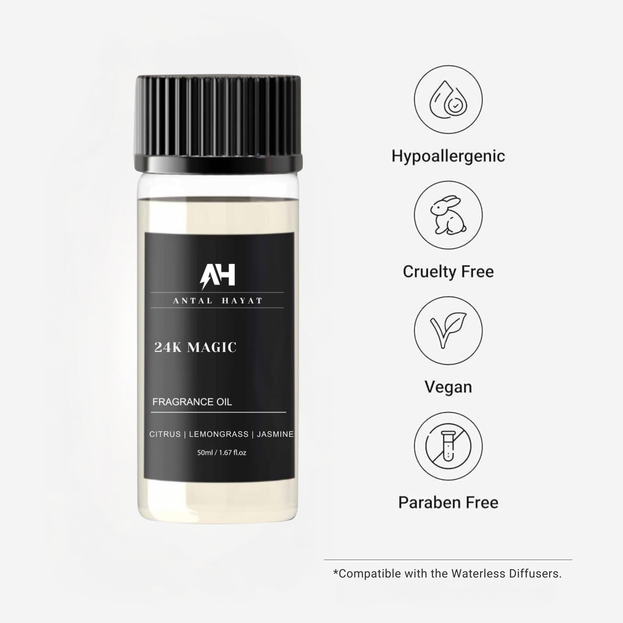 ANTAL HAYAT 24K Magic diffuser oil citrus blend close-up, bright aroma to energize spaces.