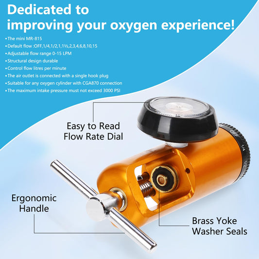 AnteMed mini oxygen regulator showing 0-15 LPM adjustment for versatile flow