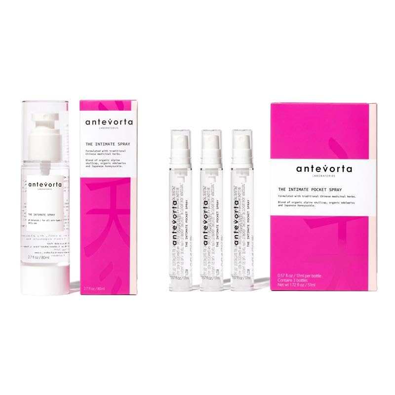 Antevorta feminine spray bundle front view promotes portable moisture support for sensitive skin.