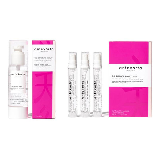 Antevorta feminine spray bundle front view promotes portable moisture support for sensitive skin.