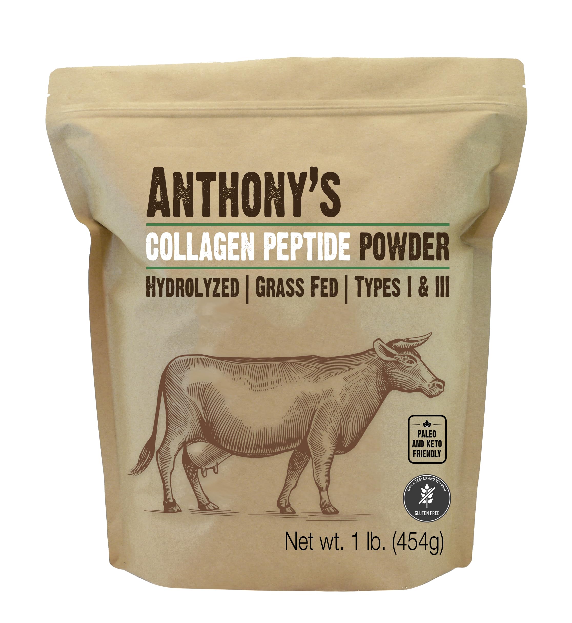 Anthony's Collagen Peptide bottle displaying pure, unflavored formula for easy mixing in drinks