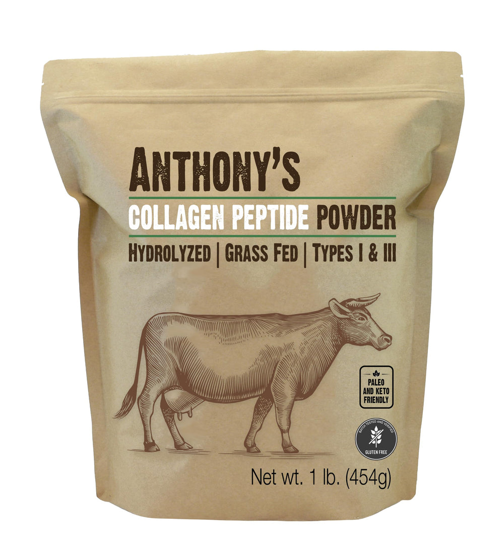Anthony's Collagen Peptide bottle displaying pure, unflavored formula for easy mixing in drinks