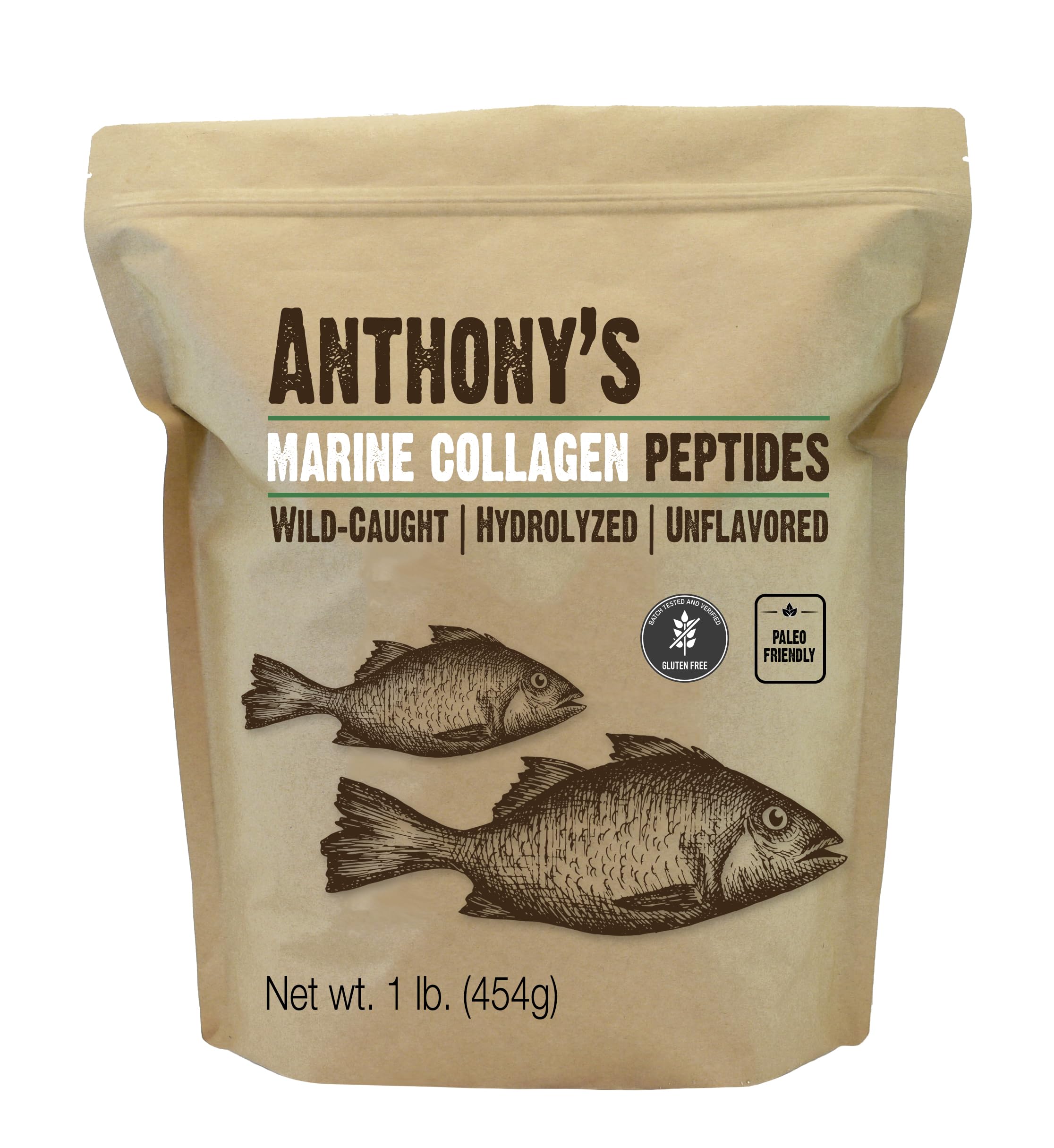 Anthony's hydrolyzed marine collagen powder jar close-up, showcasing pure, tasteless protein.