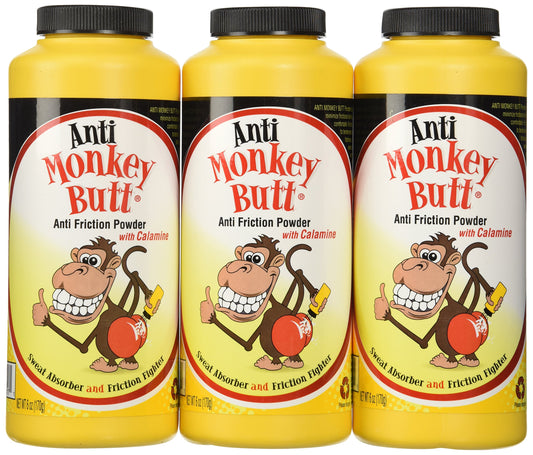 Anti-Monkey Butt powder bottle shown for moisture control during active wear