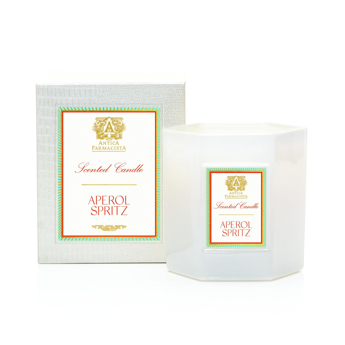 Antica Farmacista Aperol Spritz candle close-up highlights warm glow and citrus aroma.