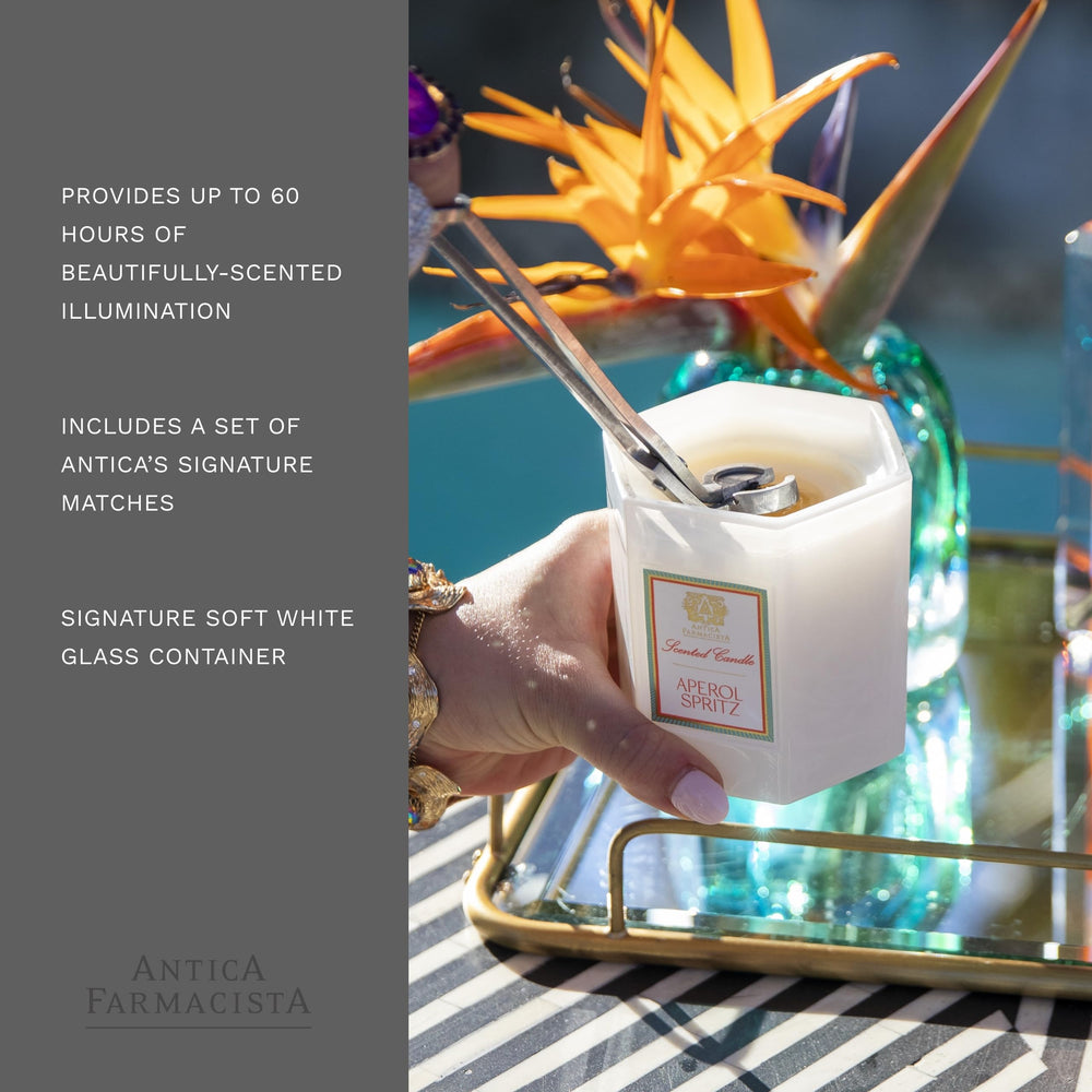 Antica Farmacista Aperol Spritz candle in refined gift box setting for celebrations.