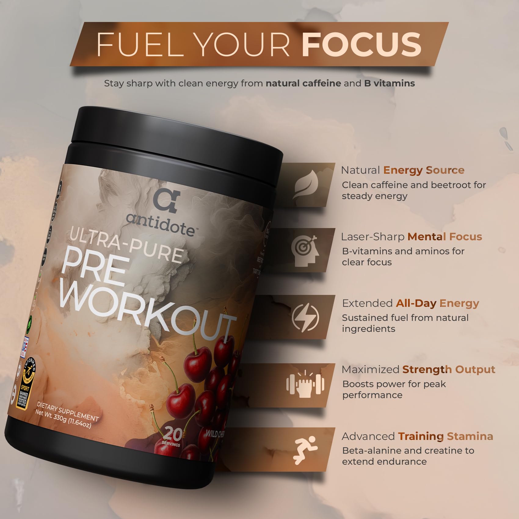 Antidote beetroot energy-boost bottle shot highlights natural ingredients for stamina.