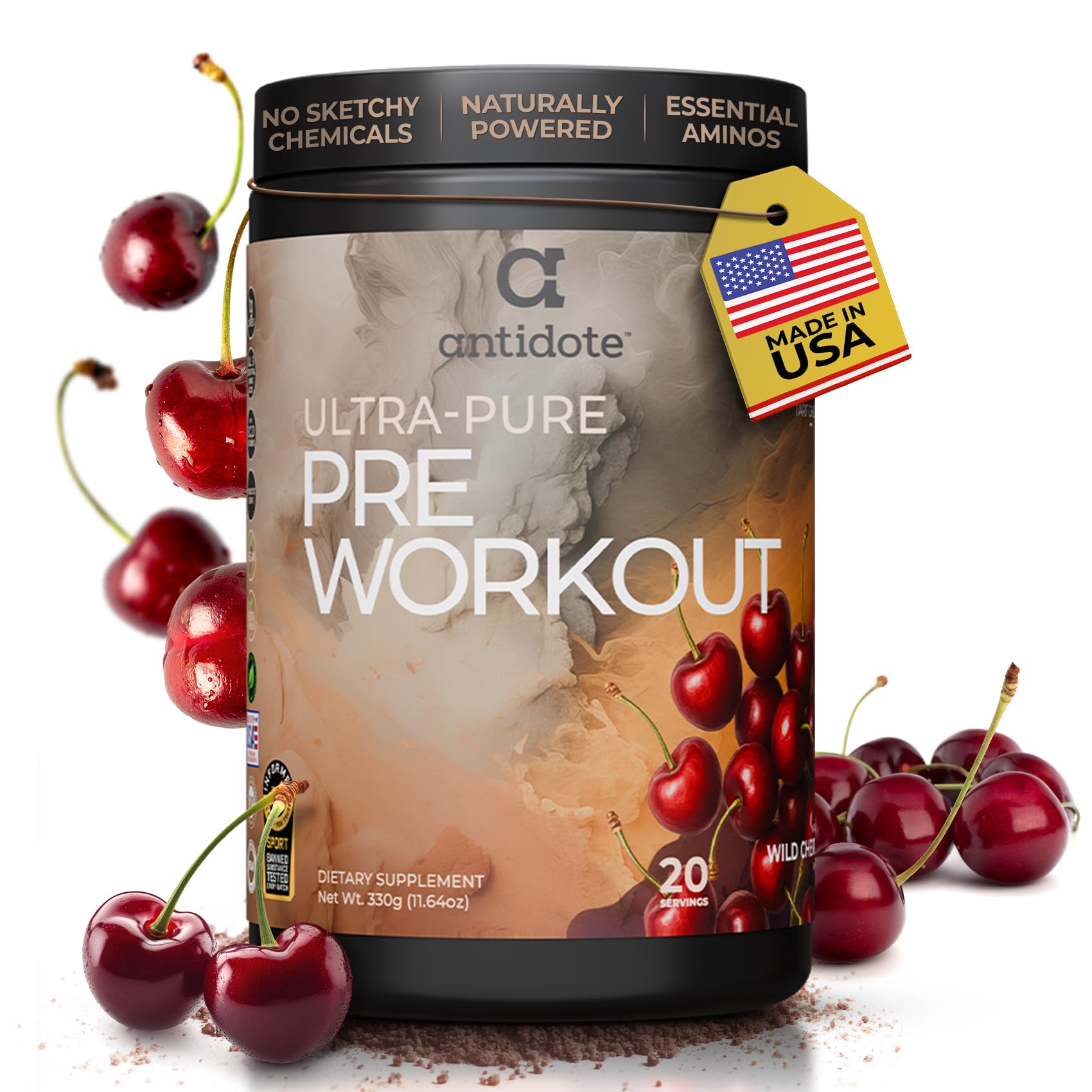 Antidote Clean Pre-Workout can with label visible, signaling clean energy for workouts.