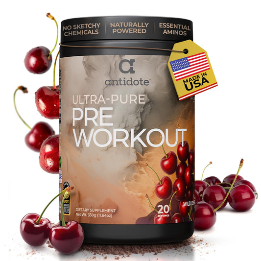 Antidote Clean Pre-Workout can with label visible, signaling clean energy for workouts.