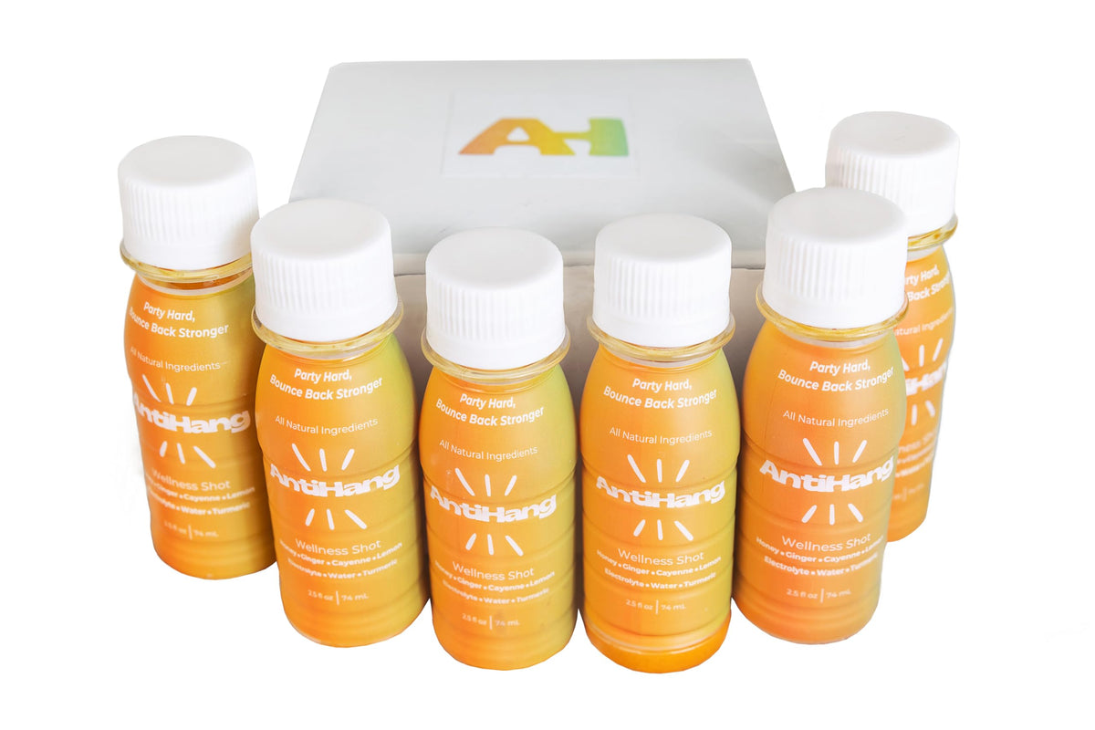 ANTIHANG Ginger Turmeric Shot bottle shows fast absorption and flavor-focused wellness.
