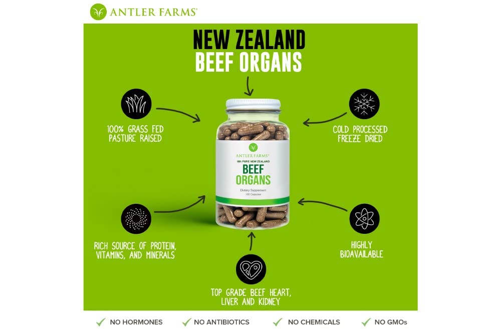 Antler Farms Beef Organs bottle closeup, convenient daily supplement.