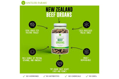 Antler Farms Beef Organs bottle closeup, convenient daily supplement.