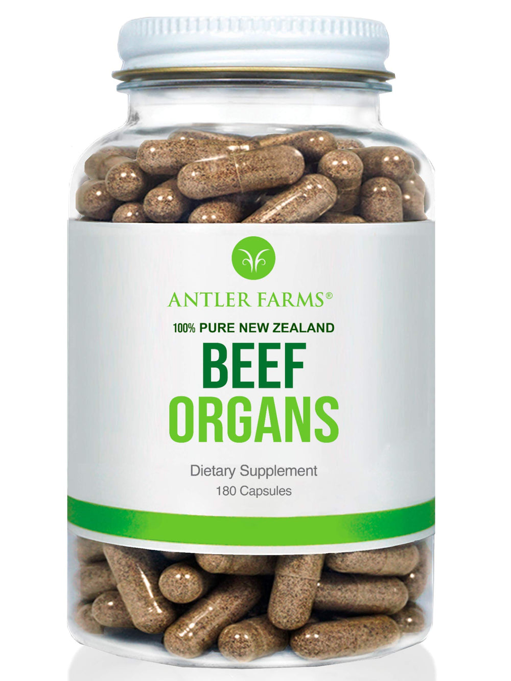 Antler Farms Beef Organs heart bottle closeup, a pure nutrient-dense daily source.