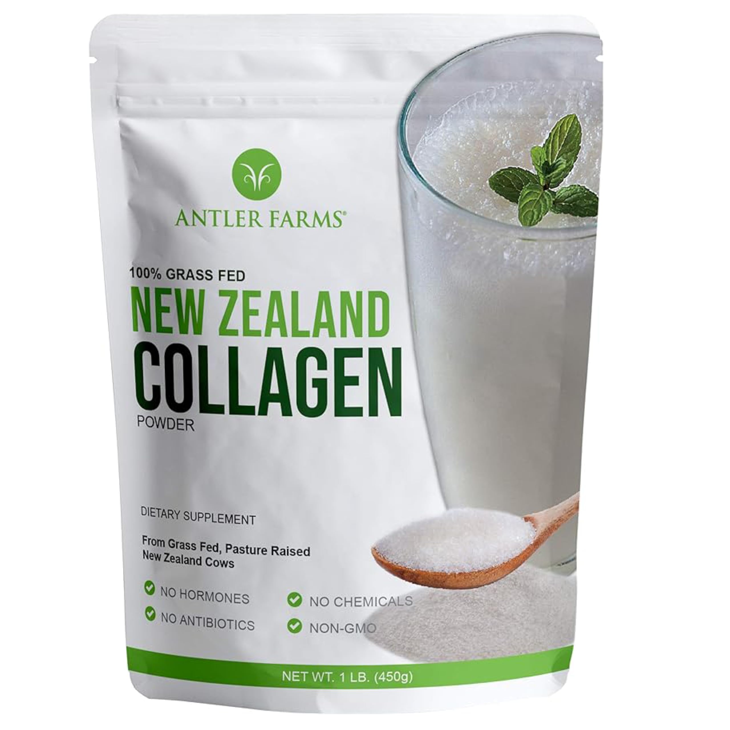 Antler Farms collagen powder tub front, easy mixing into beverages.