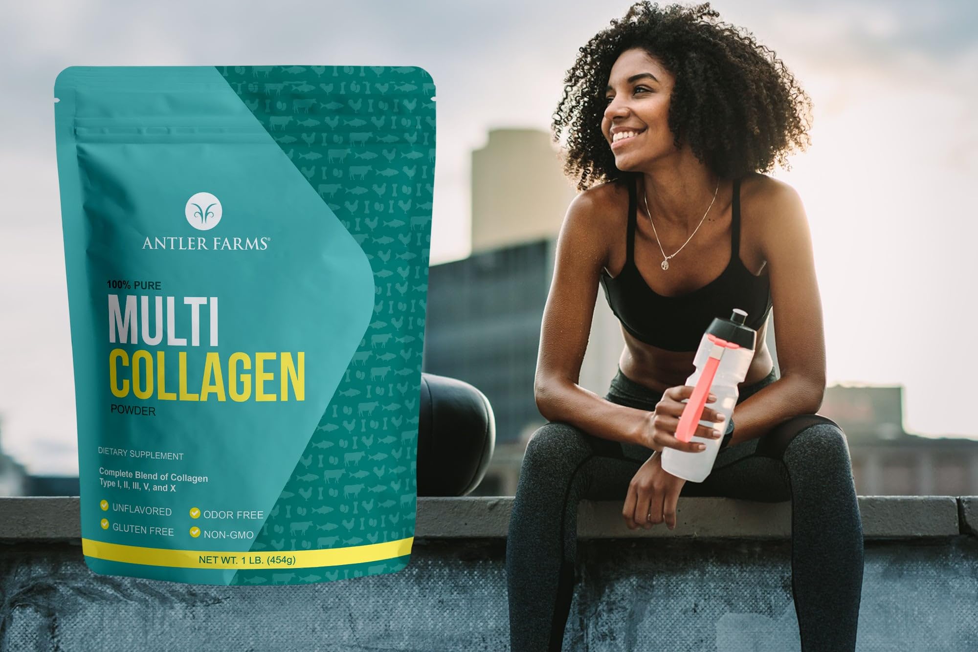 Antler Farms collagen types I II III V X blend section highlights the five type combination.