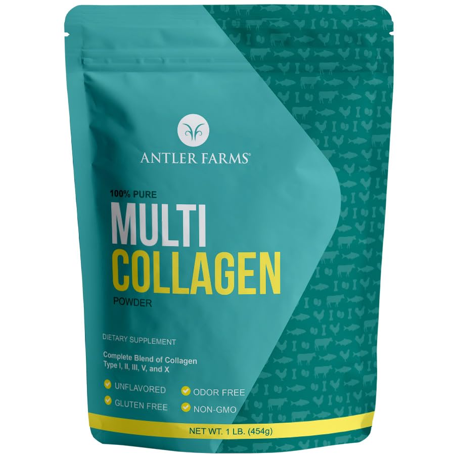 Antler Farms Multi Collagen Powder front label, unflavored for easy mixing and daily wellness.