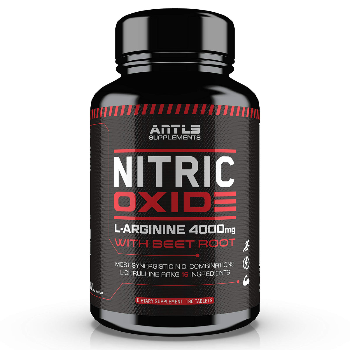 ANTLS Nitric Oxide Booster bottle front showing 180 vegan capsules for pre-workout support.