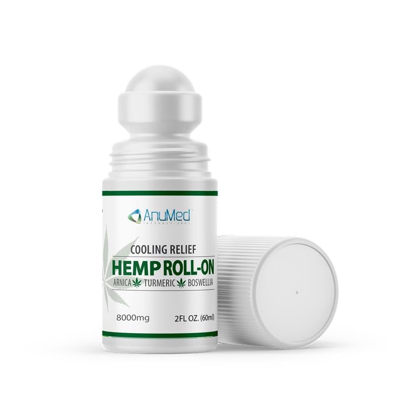 AnuMed Hemp Roll-On 8000mg bottle closeup for fast, targeted joint and muscle relief.