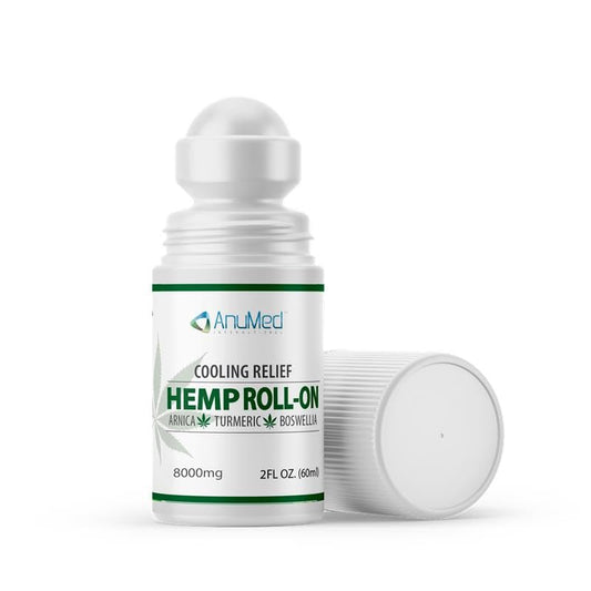 AnuMed Hemp Roll-On 8000mg bottle closeup for fast, targeted joint and muscle relief.