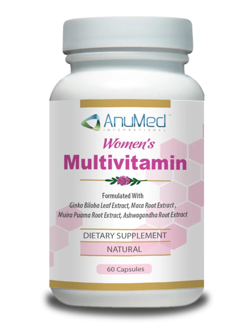 AnuMed Women’s Multivitamin bottle with capsules for daily energy support.