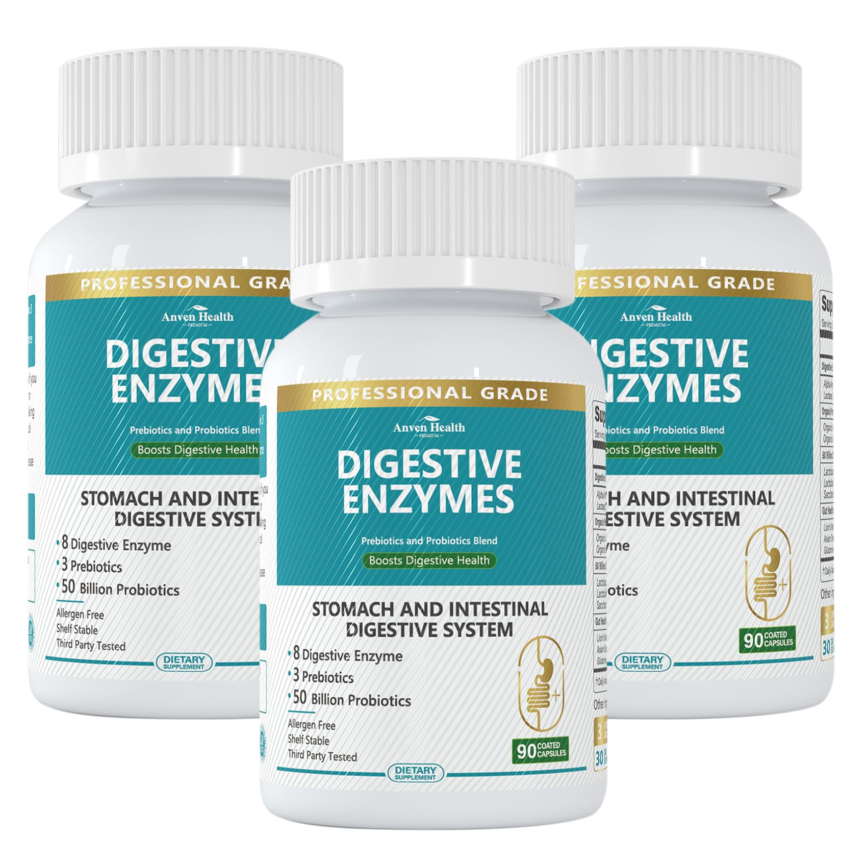 Anven Health 800mg Digestive Enzymes bottle showcasing high-strength formula for smoother digestion after meals.