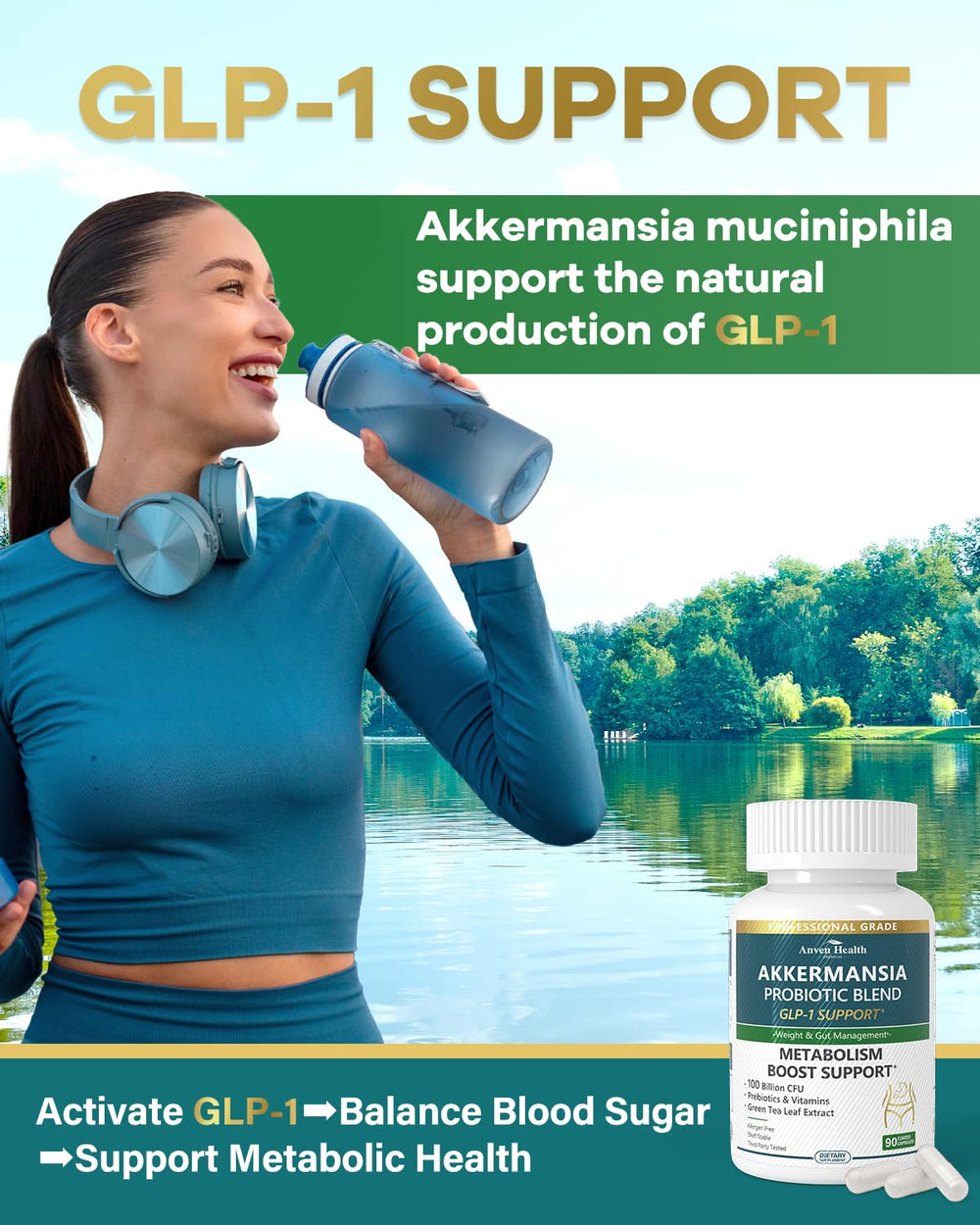 Anven Health GLP-1 blend with green tea extract suggesting natural energy and metabolism support