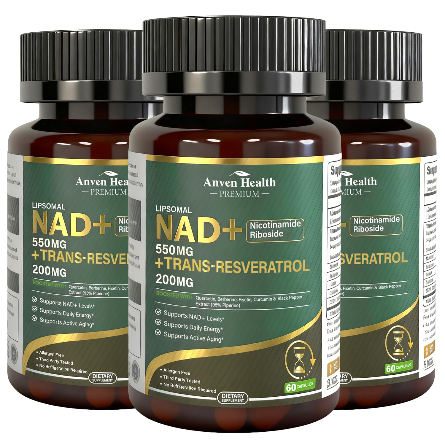 Anven Health liposomal NAD+ bottle highlighting enhanced absorption and vitality potential
