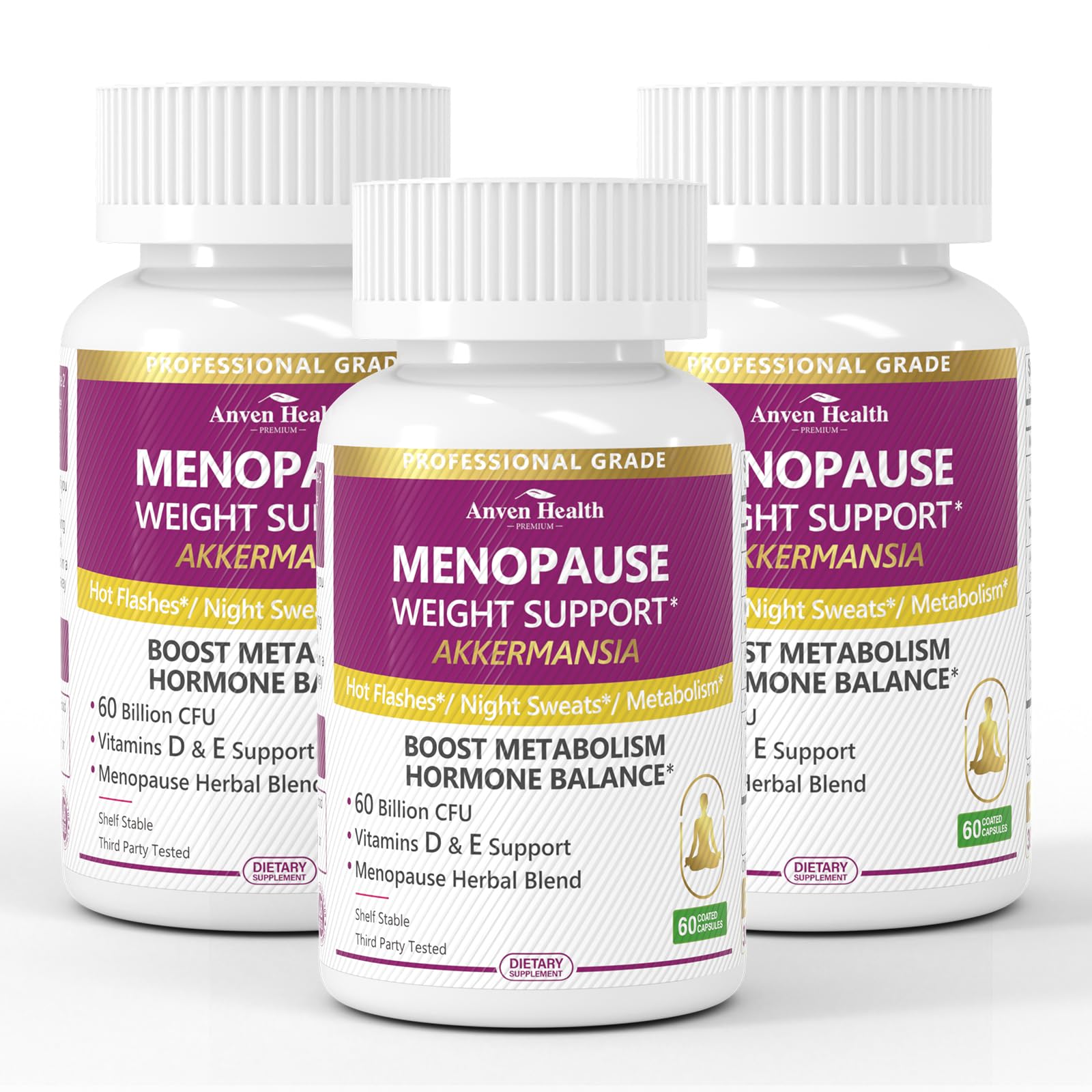 Anven Health menopause bottle label features a 60B probiotic formula for gut balance.