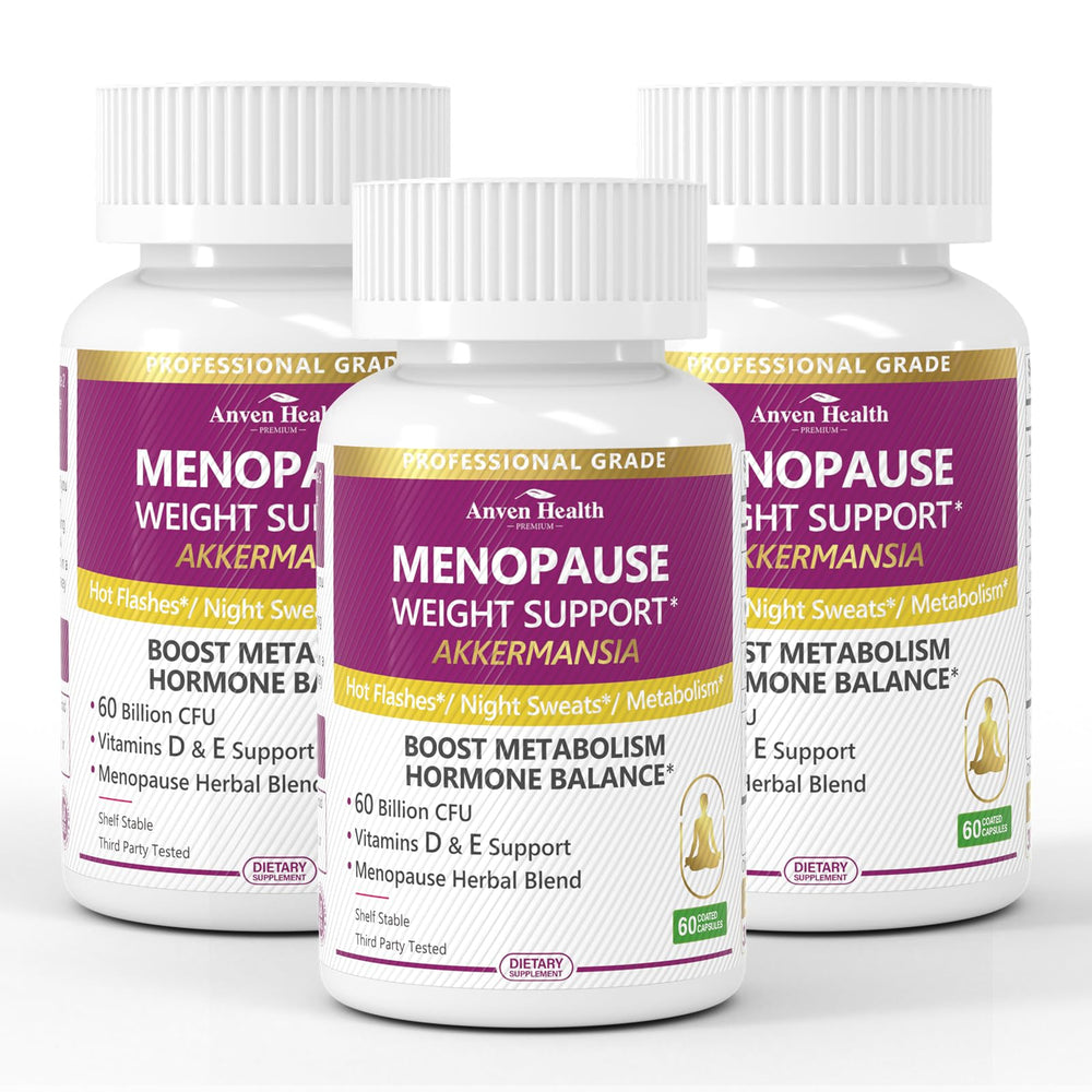 Anven Health menopause bottle label features a 60B probiotic formula for gut balance.