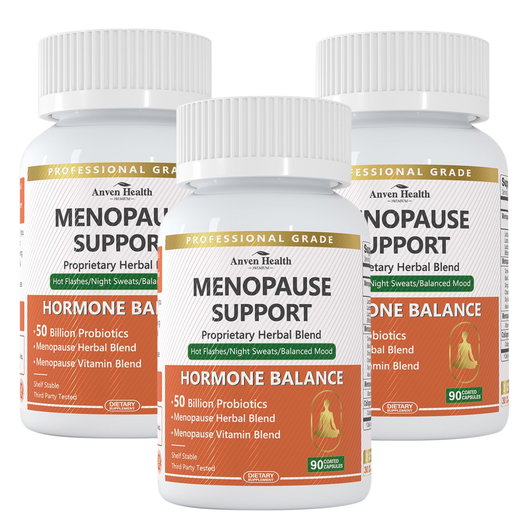 Anven Health menopause balance bottle pour shows calm, cooler comfort imagery.