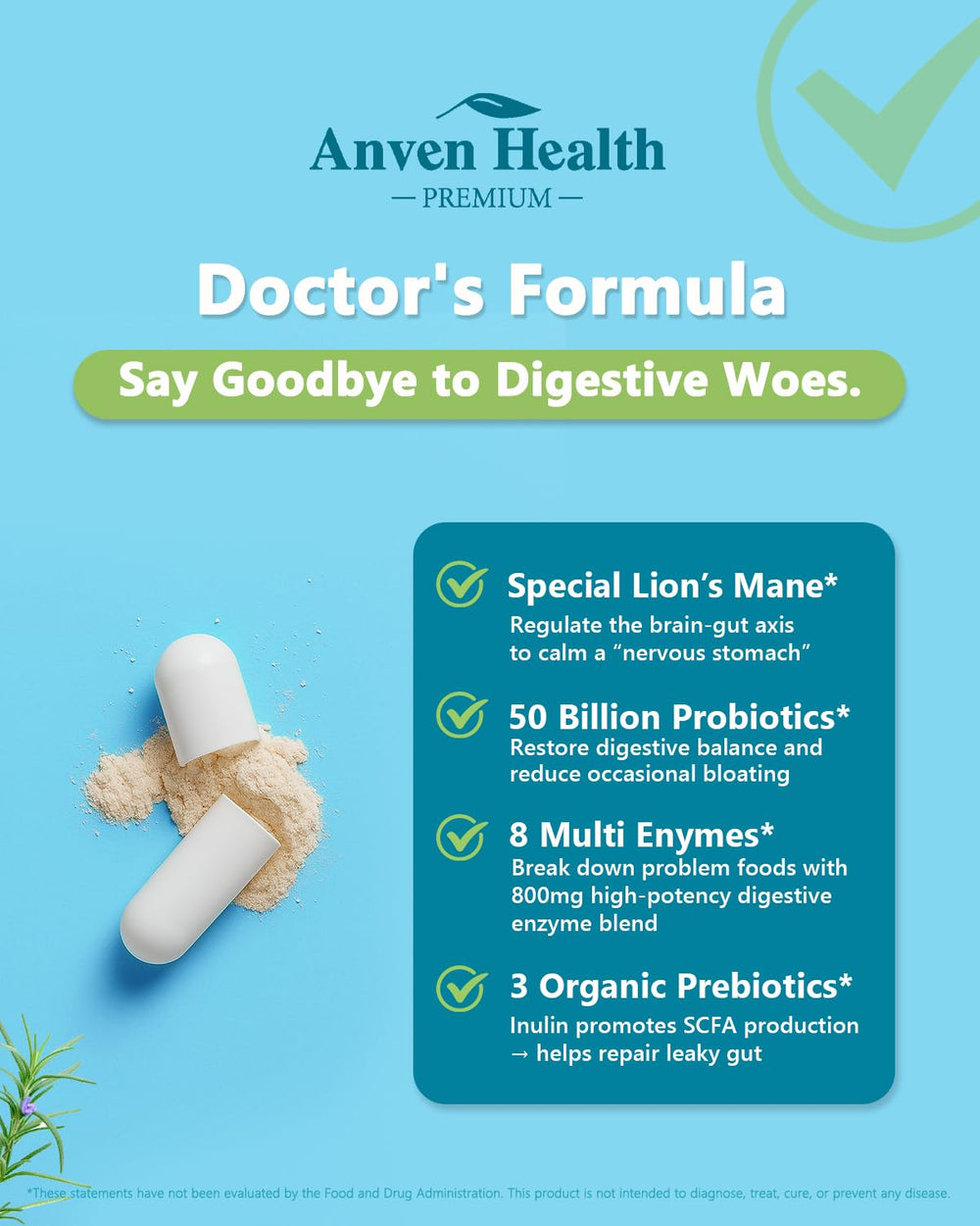 Anven Health Organic Lion’s Mane capsule for gut-brain balance.